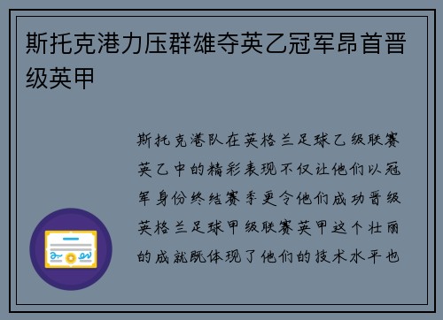 斯托克港力压群雄夺英乙冠军昂首晋级英甲